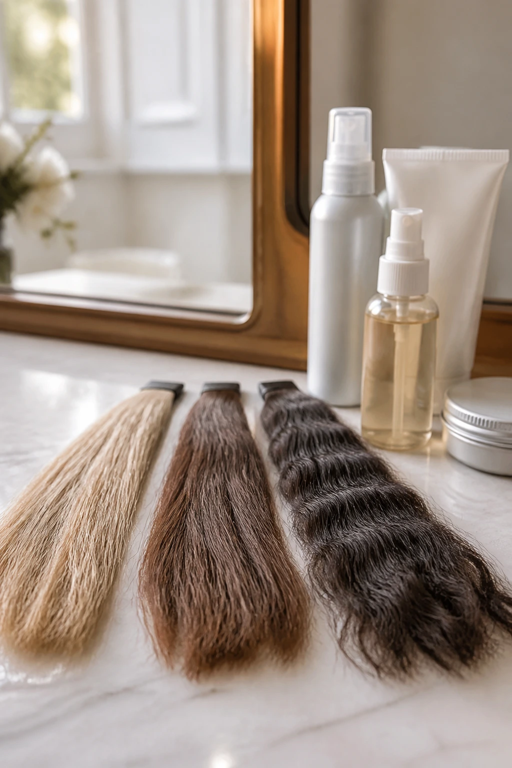 Close-up of hair texture samples with styling products for bridal mullet decisions.