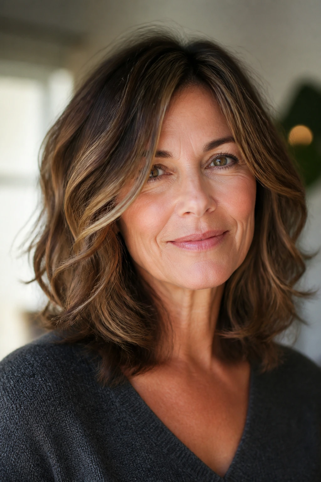 Portrait of a woman with a versatile medium-length cut showing texture variety