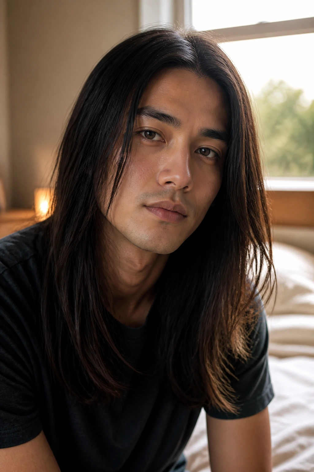 Close-up of a person with straight long hair showing texture in warm room light