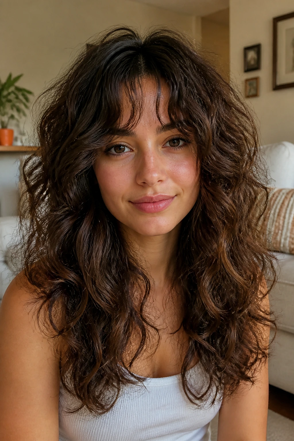 Close-up portrait of a real person with textured layered hair showing waves and curls
