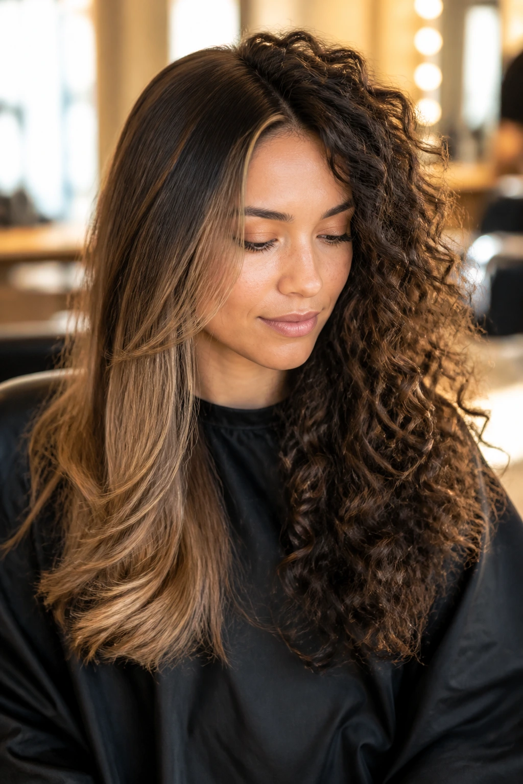 Portrait in a sunlit salon showing varied hair textures to imply product picks.