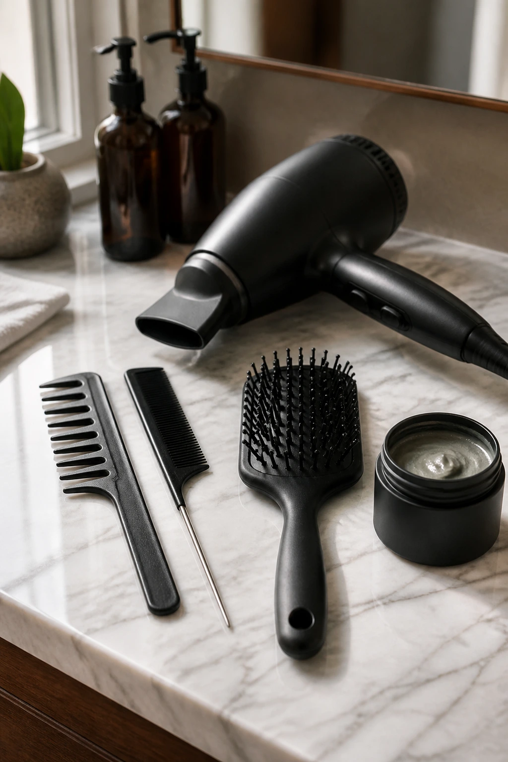 Close-up of a compact hair styling toolkit on a bathroom counter