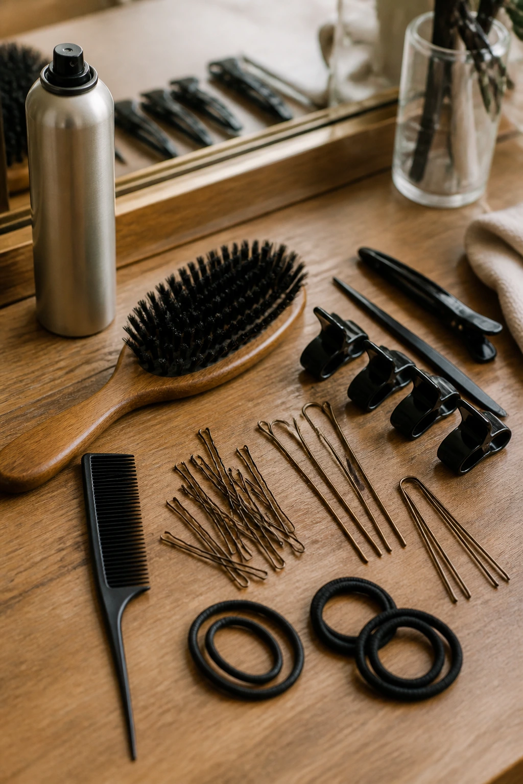 Close-up of essential hair tools neatly arranged on a vanity