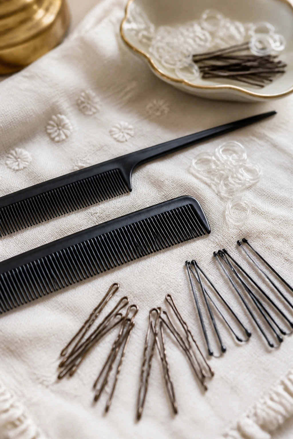 Close-up of hair tools arranged on soft fabric for styling.