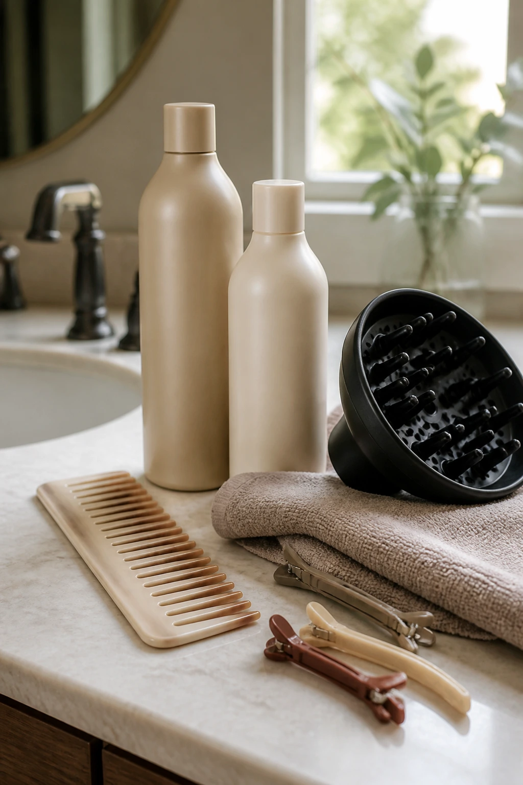Still life of essential hair care tools on a bathroom vanity