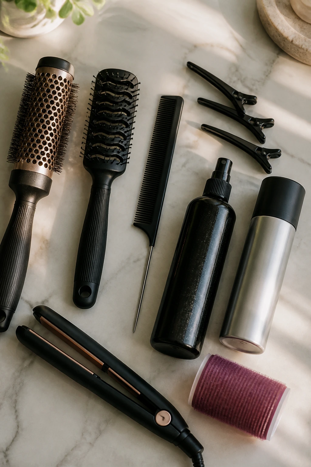 Flat lay of essential hair tools for bangs on a clean counter