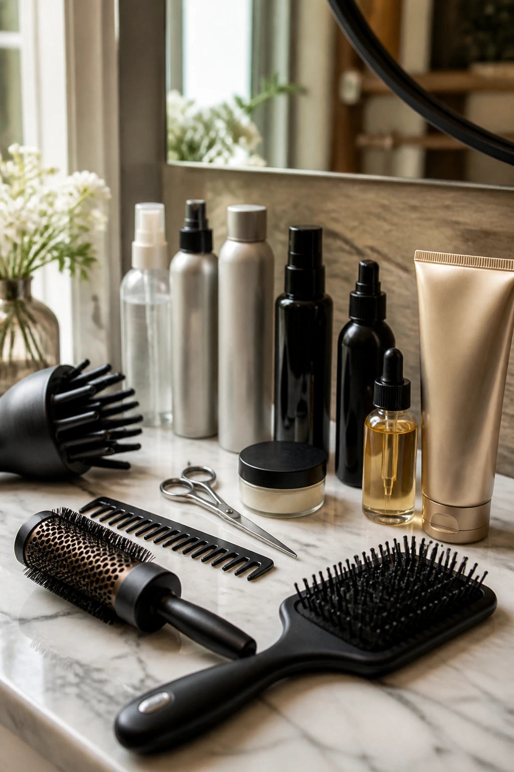 Close-up of essential hair tools and products on a bathroom counter
