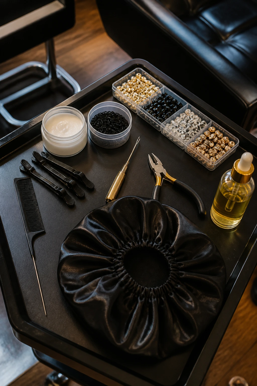 Top-down view of essential hair styling tools and beads at a salon station