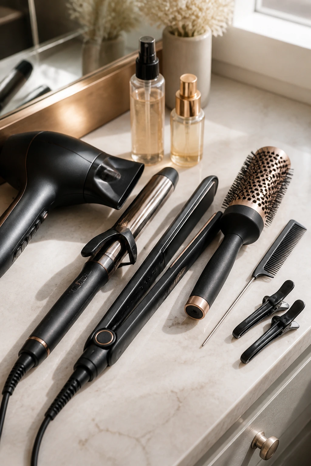 Close-up of essential hair tools for blonde bob looks on a vanity