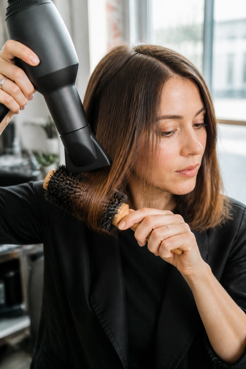 Hands holding hair tools: blow dryer with nozzle and round brush, styling a lob.