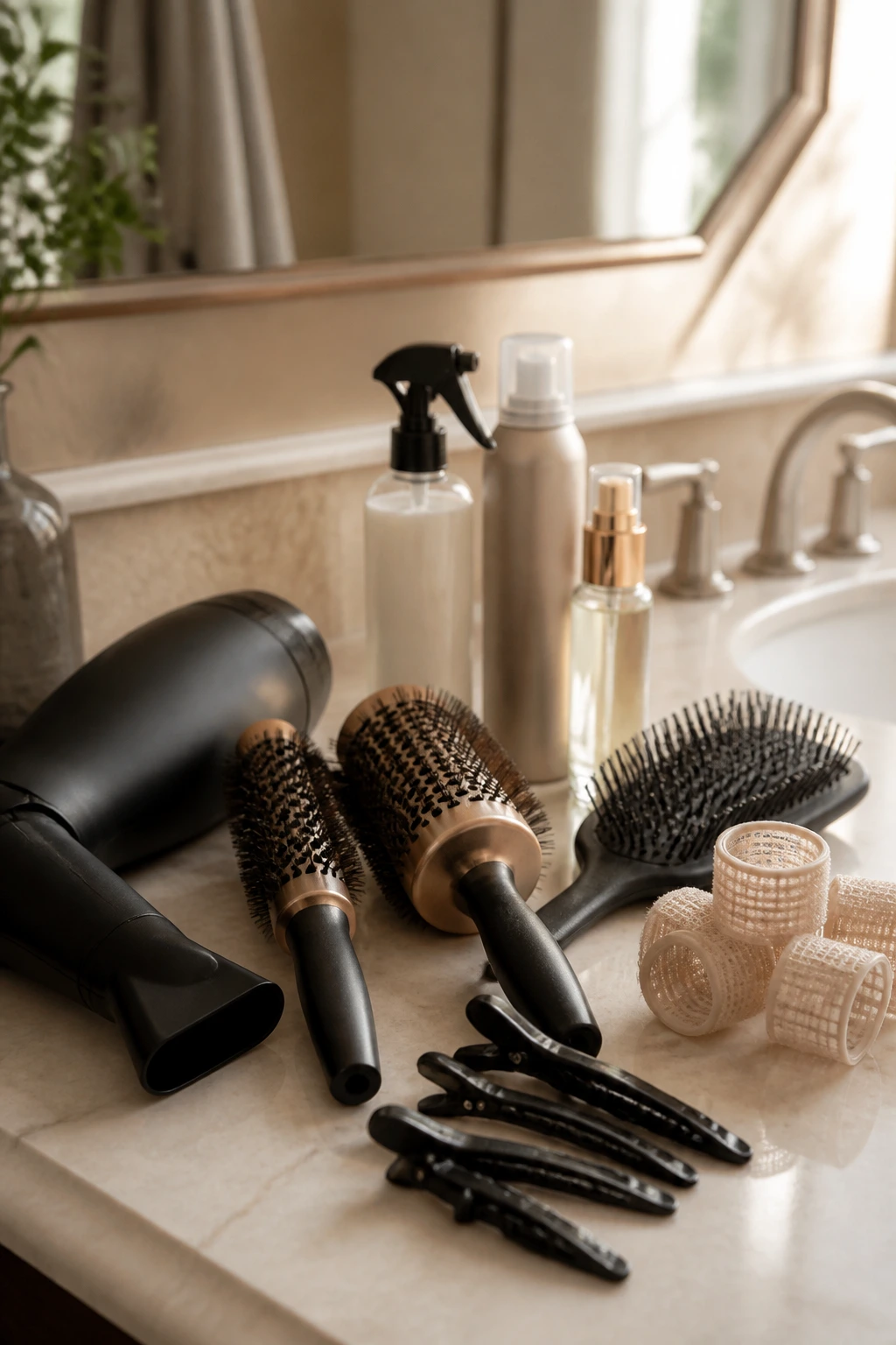 Close-up of hair tools on a bathroom counter: blow dryer, round brushes, clips, and sprays.