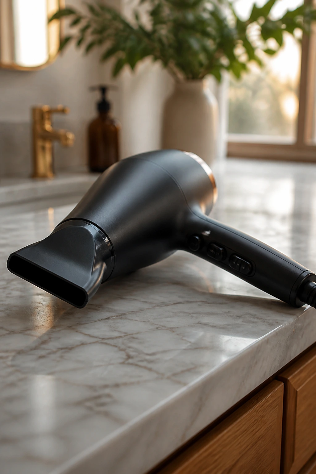 Close-up of a blow dryer nozzle on a bathroom counter