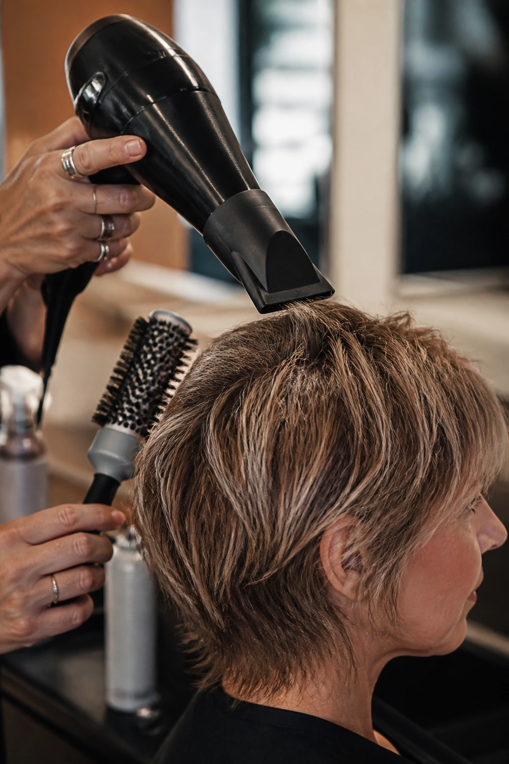 Close-up of a hand using a blow dryer nozzle on hair in a salon