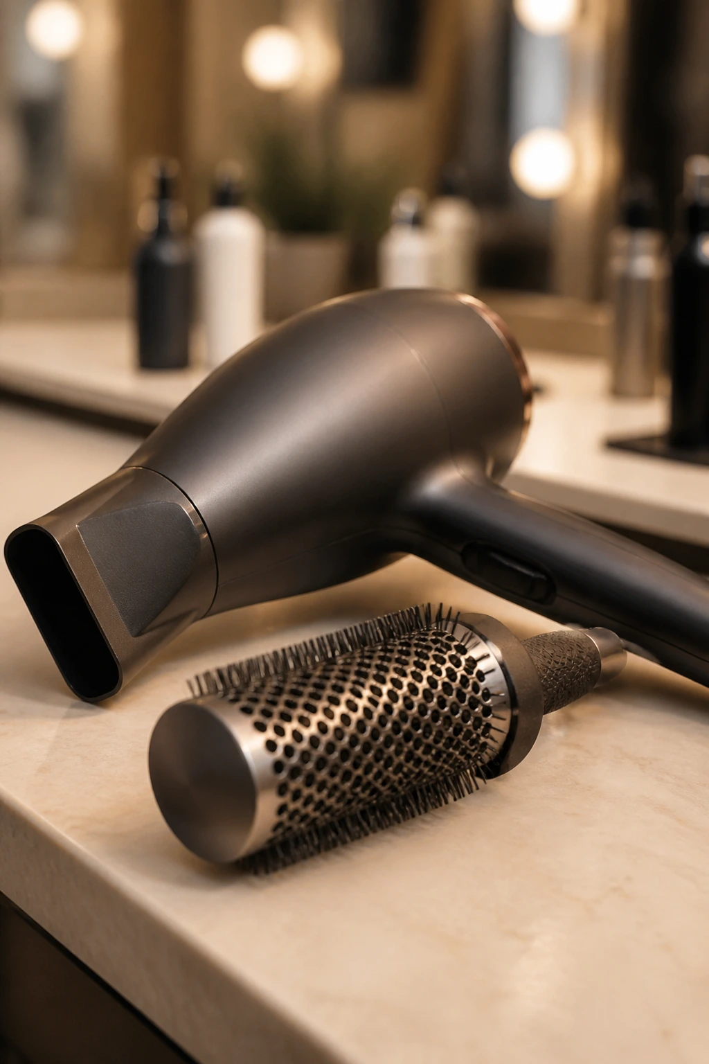Close-up of hair tools blow dryer nozzle and round brush on a salon counter