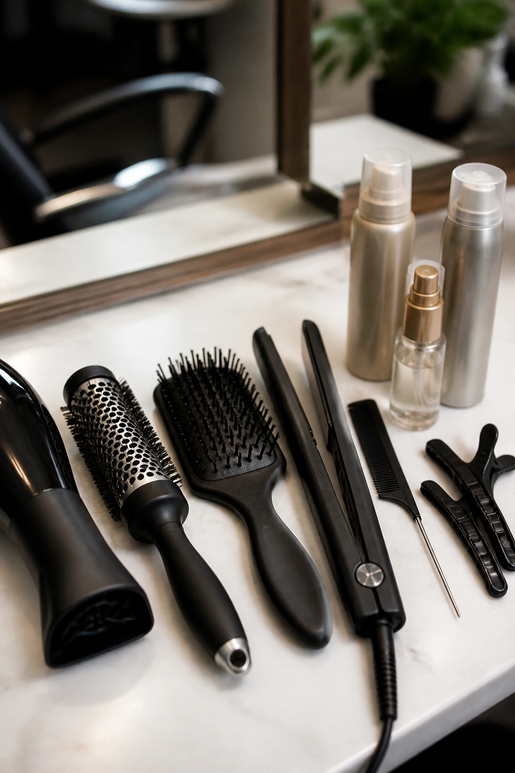 Close-up of salon tools arranged on a clean surface.