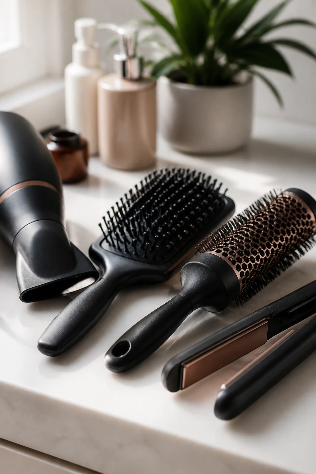 Close-up of hair styling tools laid out on a countertop.