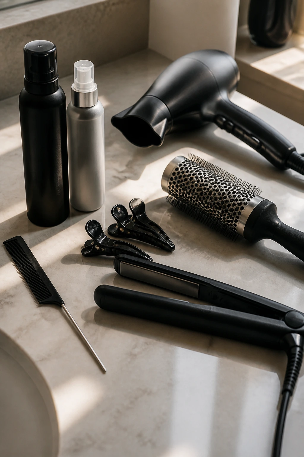 Close-up assortment of bob-hair tools on a clean counter in salon lighting