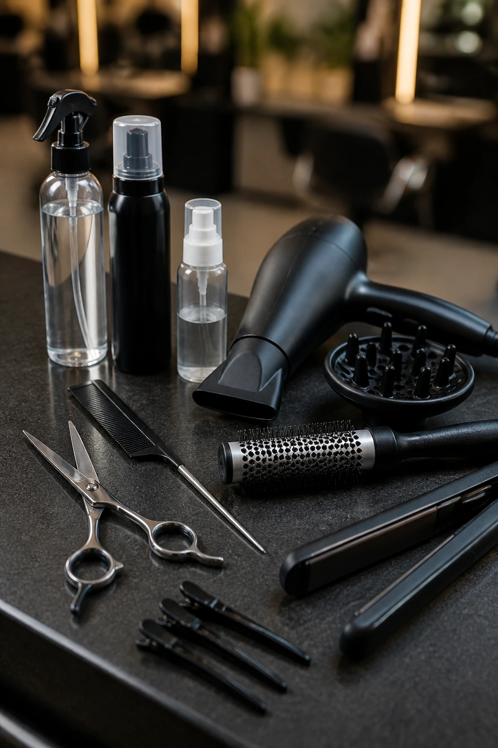 Close-up of a neatly arranged set of bob-sharp hair tools on a clean surface