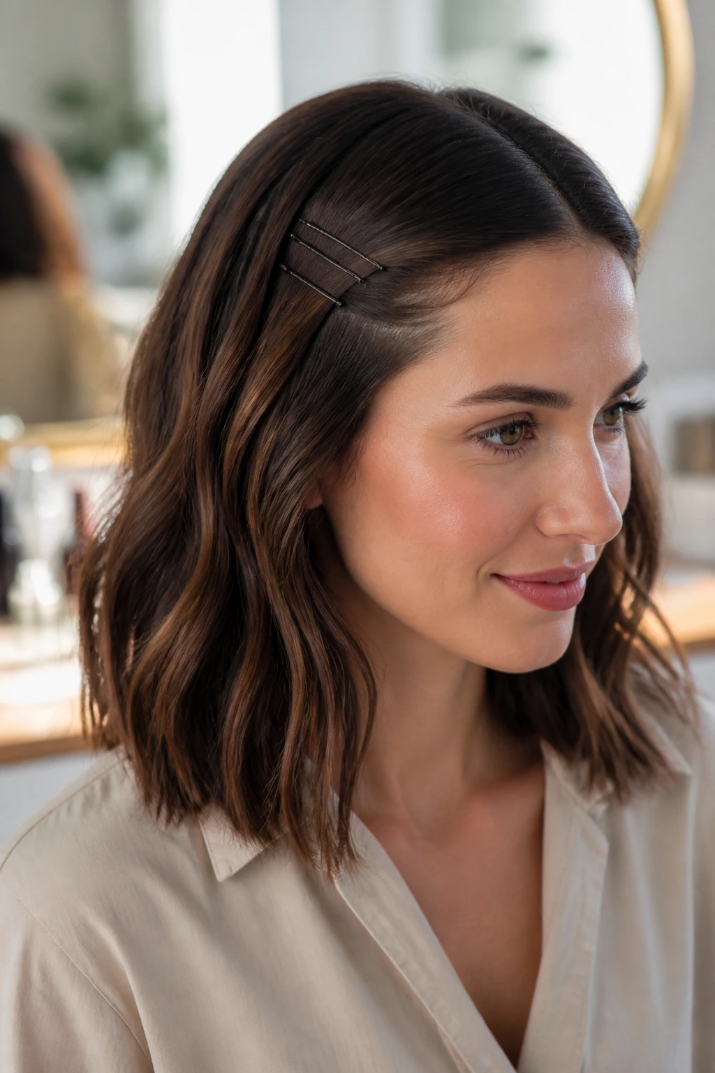 Real woman with discreet bobby pins in hair in an office vanity setting
