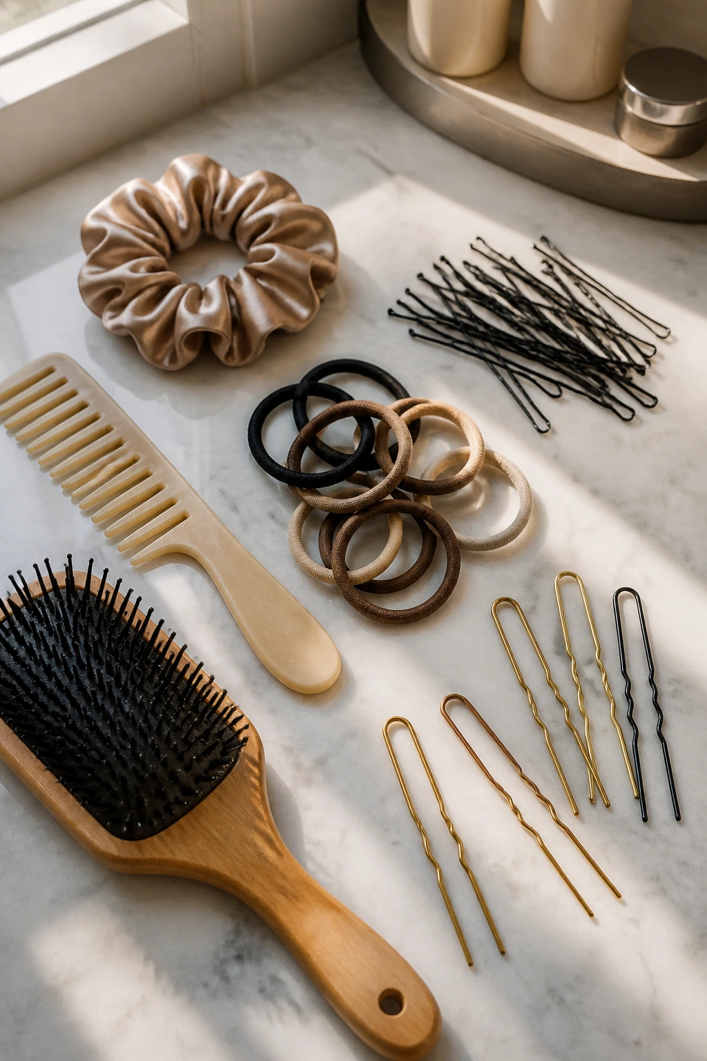 Top-down shot of hair tools arranged on a marble bathroom counter