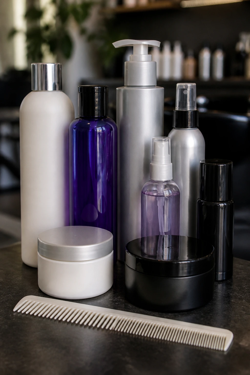 Close-up of unlabeled hair care bottles and comb on a dark counter.