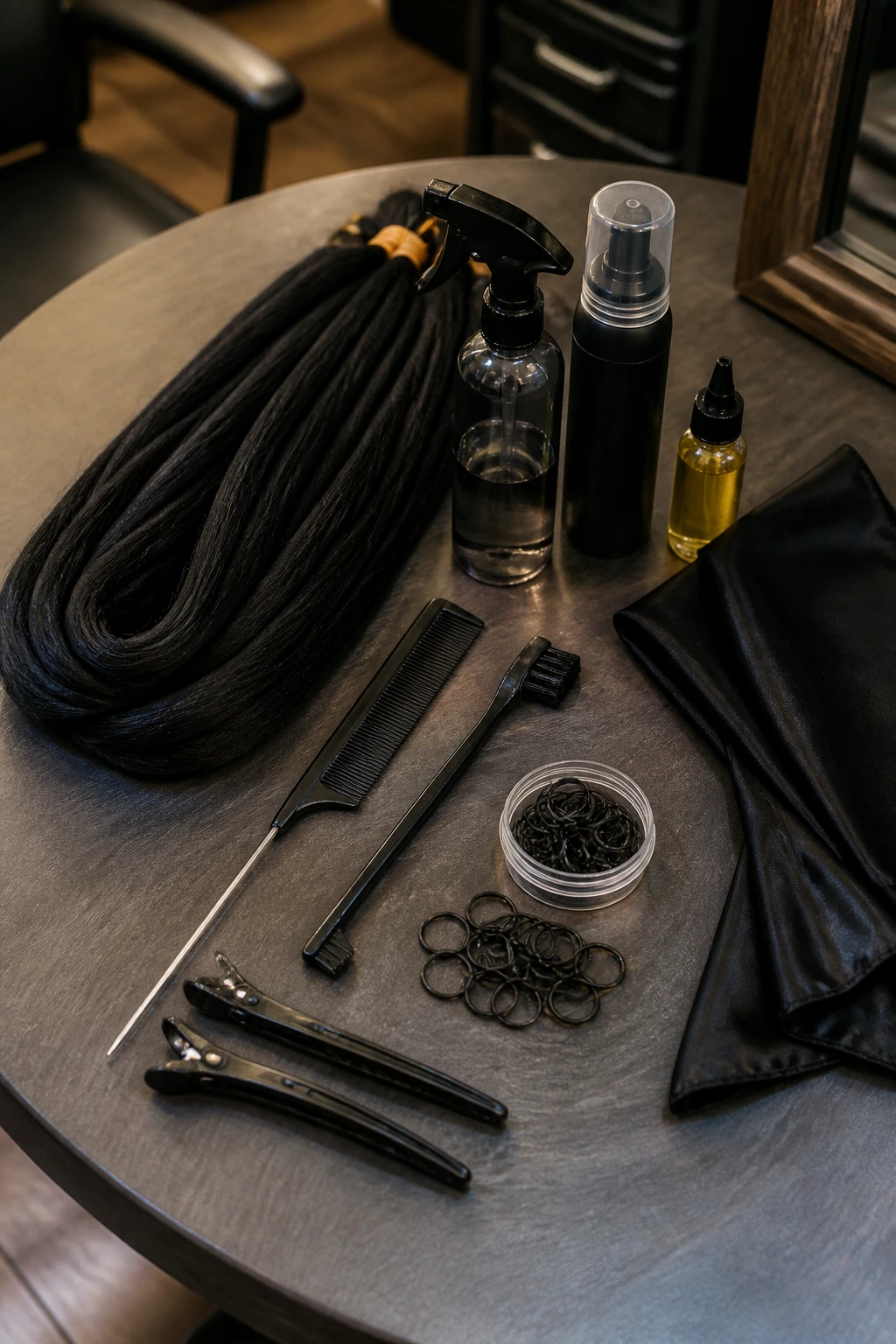 Flat lay of hair braiding tools neatly arranged on a salon table