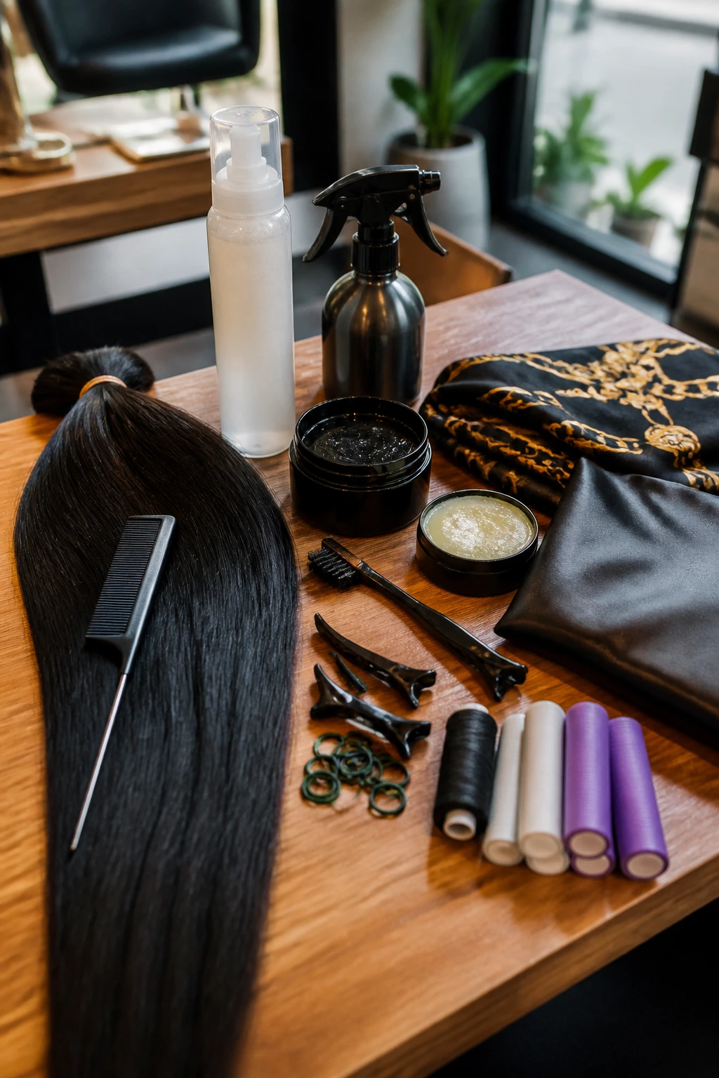 Close-up of essential hair styling tools arranged on a wooden surface in natural light