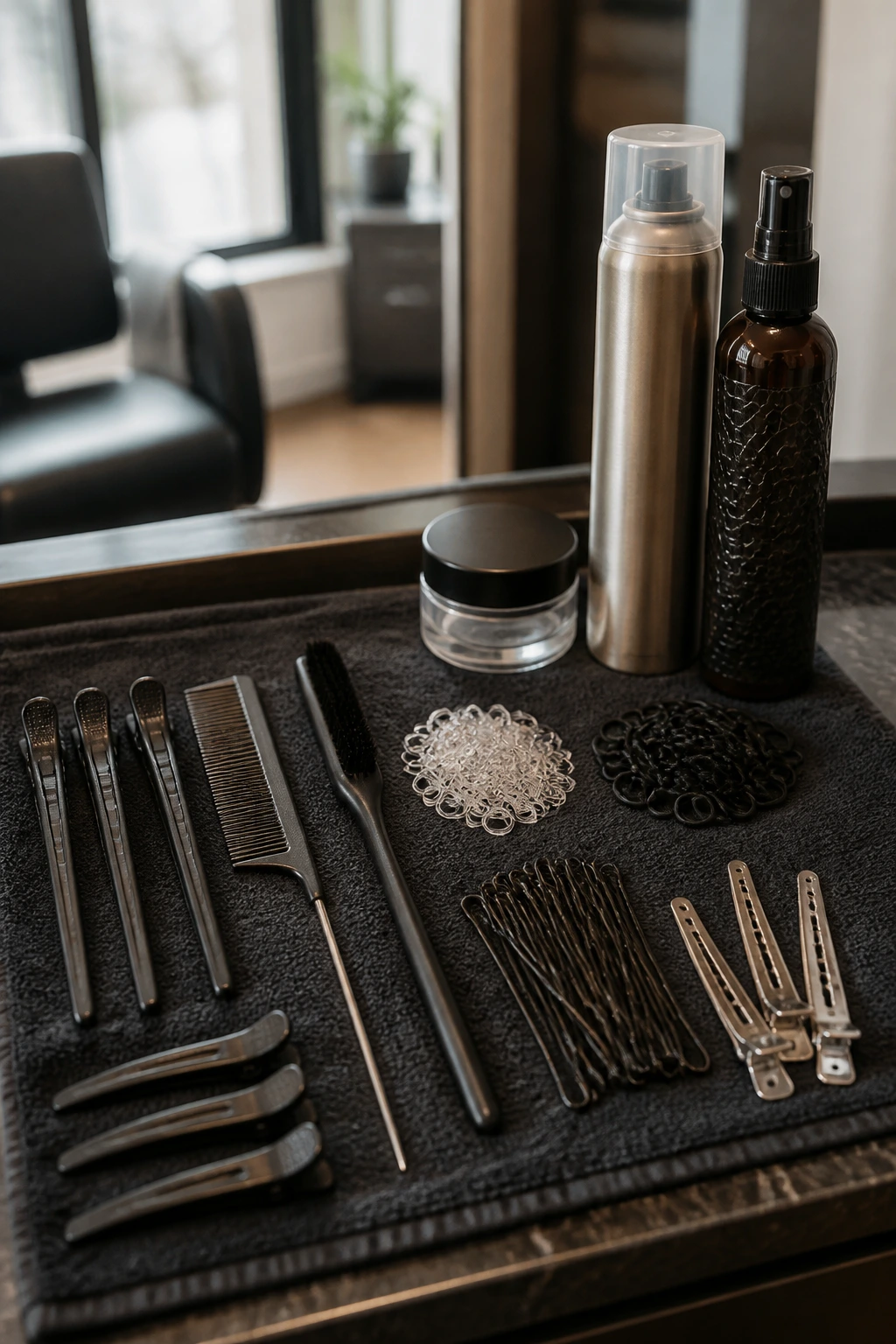 Flat lay of hair tools for braids on a salon counter