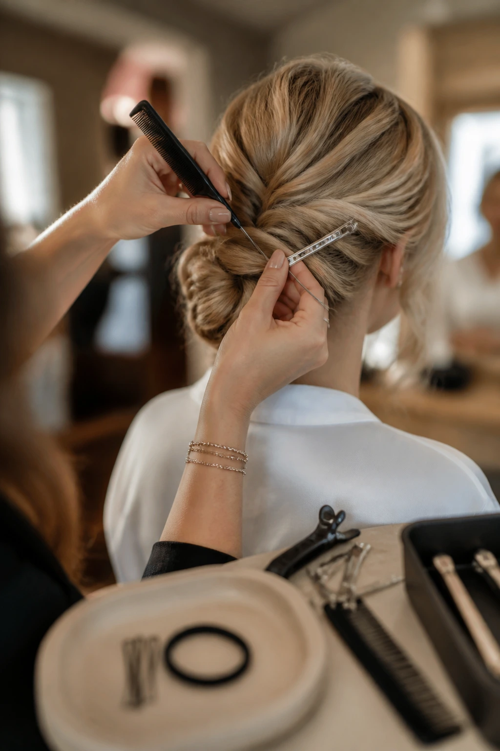 Close-up of hairstylist's hands using a tail comb and section clip in a salon, highlighting essential bridal hair tools
