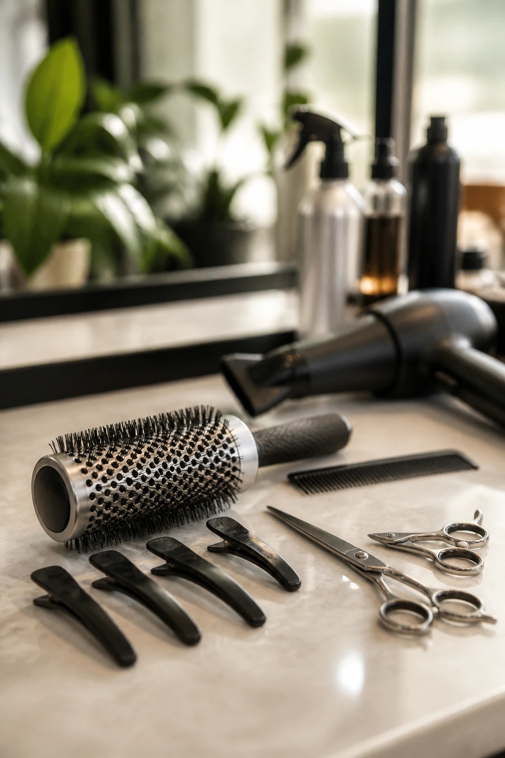 Close-up of professional hairstyling tools on a salon counter