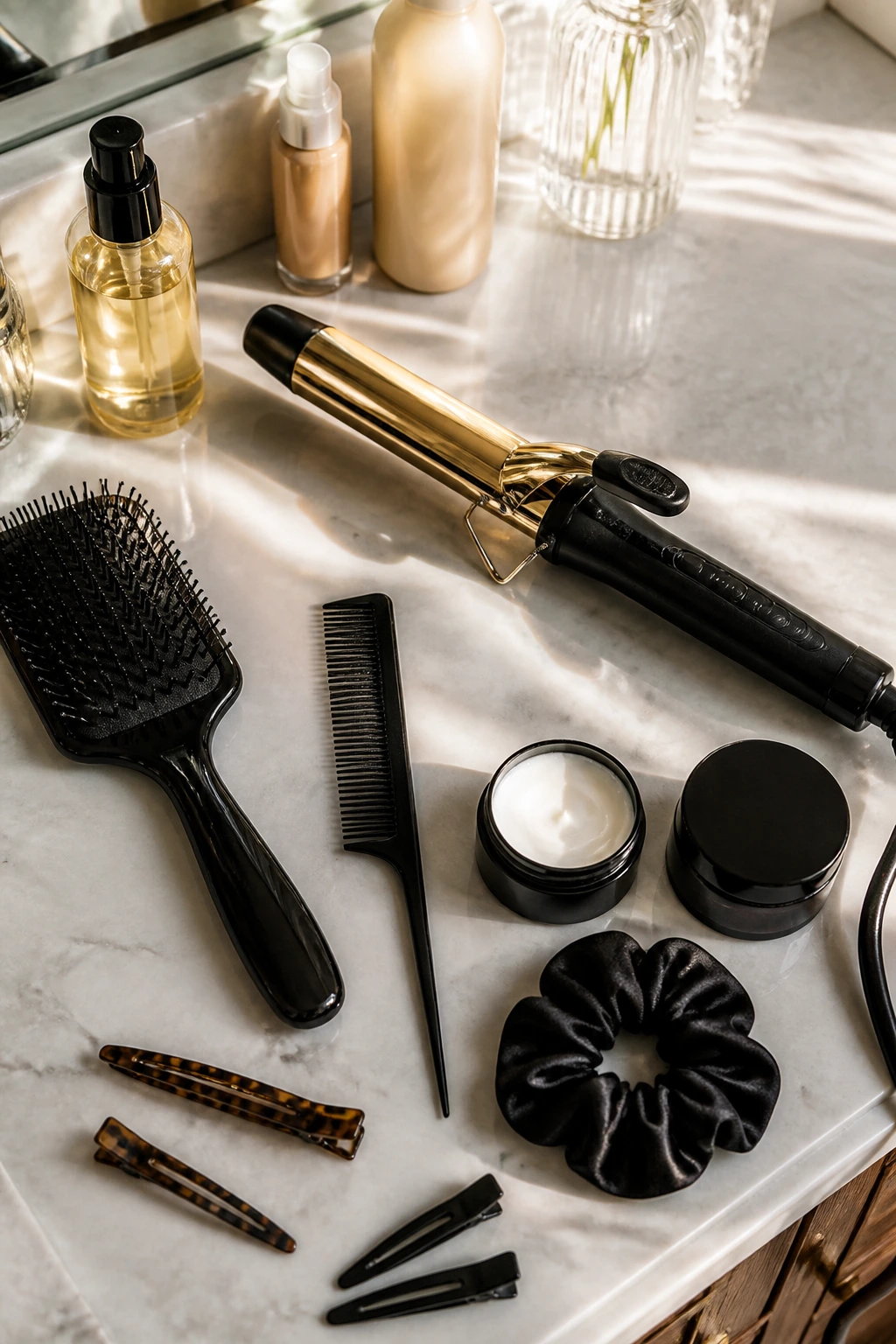 Close-up of unlabeled hair tools on a vanity