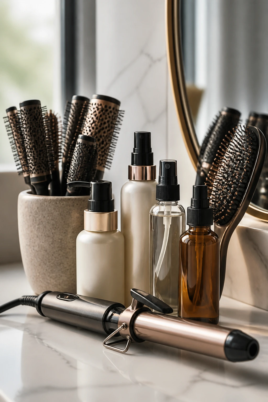 Hair tools neatly arranged on a clean vanity counter