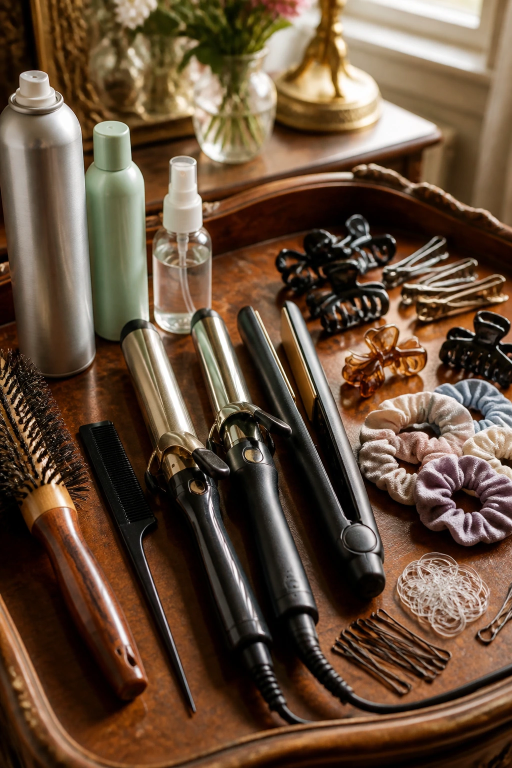 Close-up of 1990s hair tools arranged on a wooden vanity tray