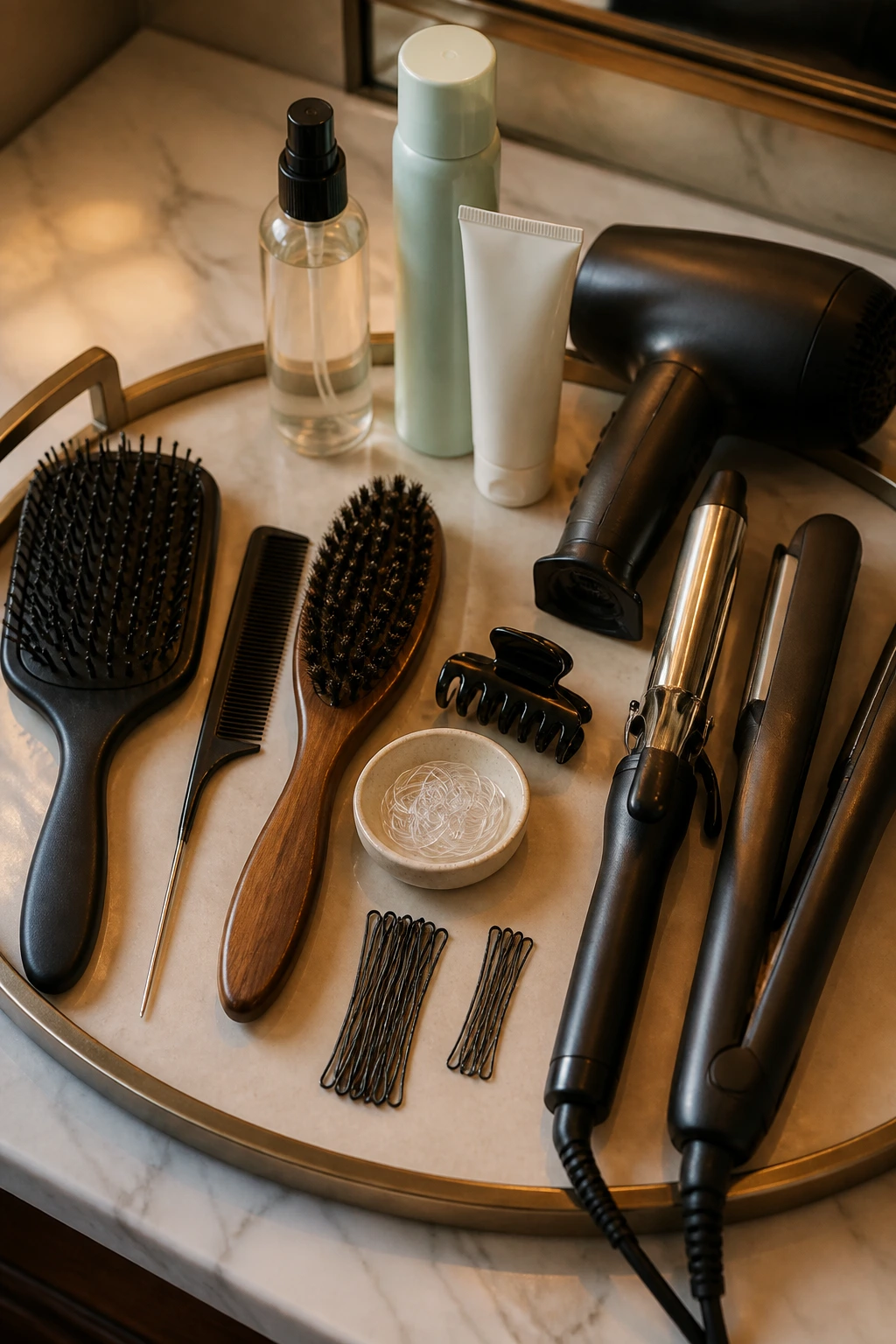 Close-up of essential hair tools on a vanity