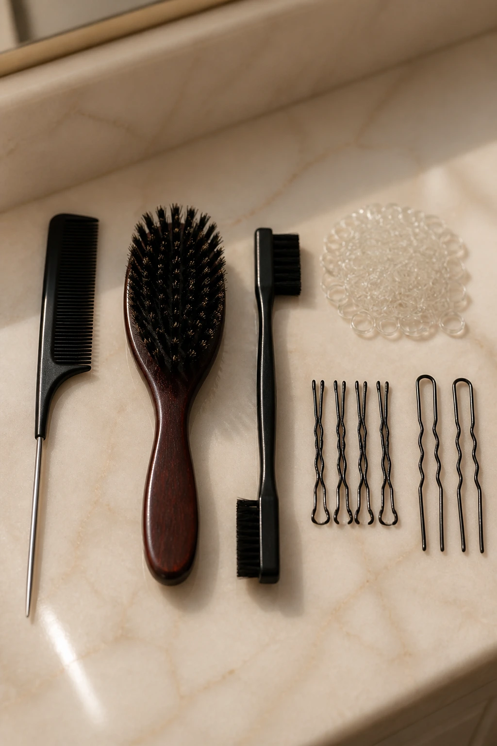 Close-up of hair tools including rat-tail comb, brushes and pins on a vanity
