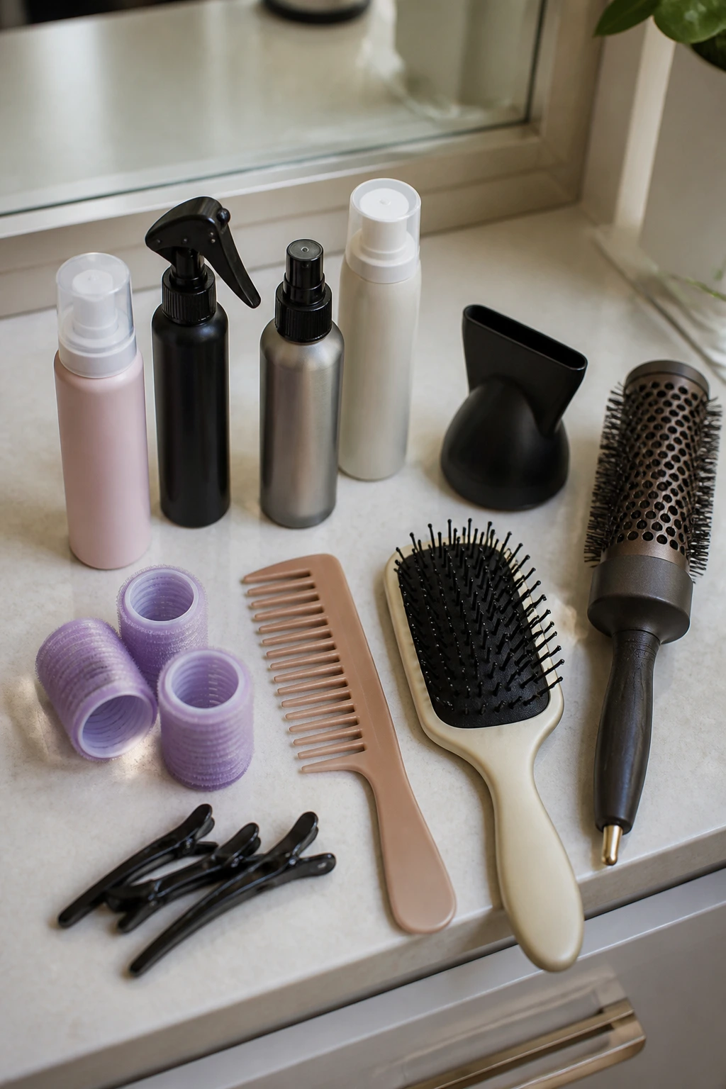Top-down view of hair styling tools arranged on a vanity