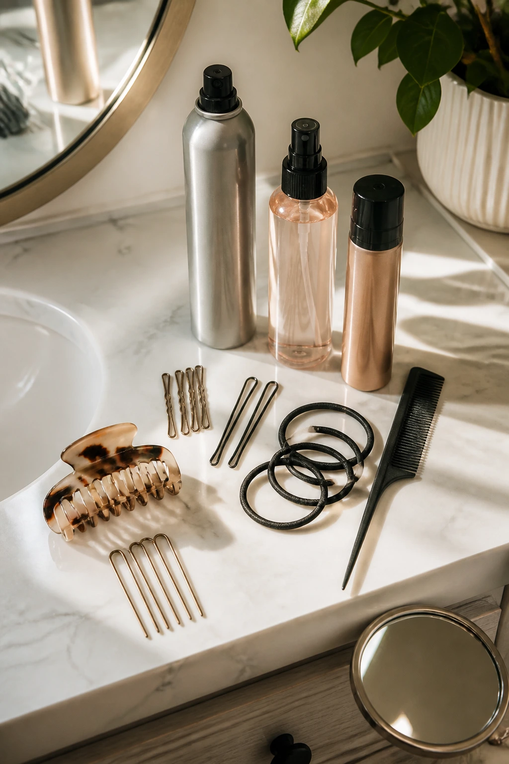 Flat lay of essential hair tools for messy buns on short hair.