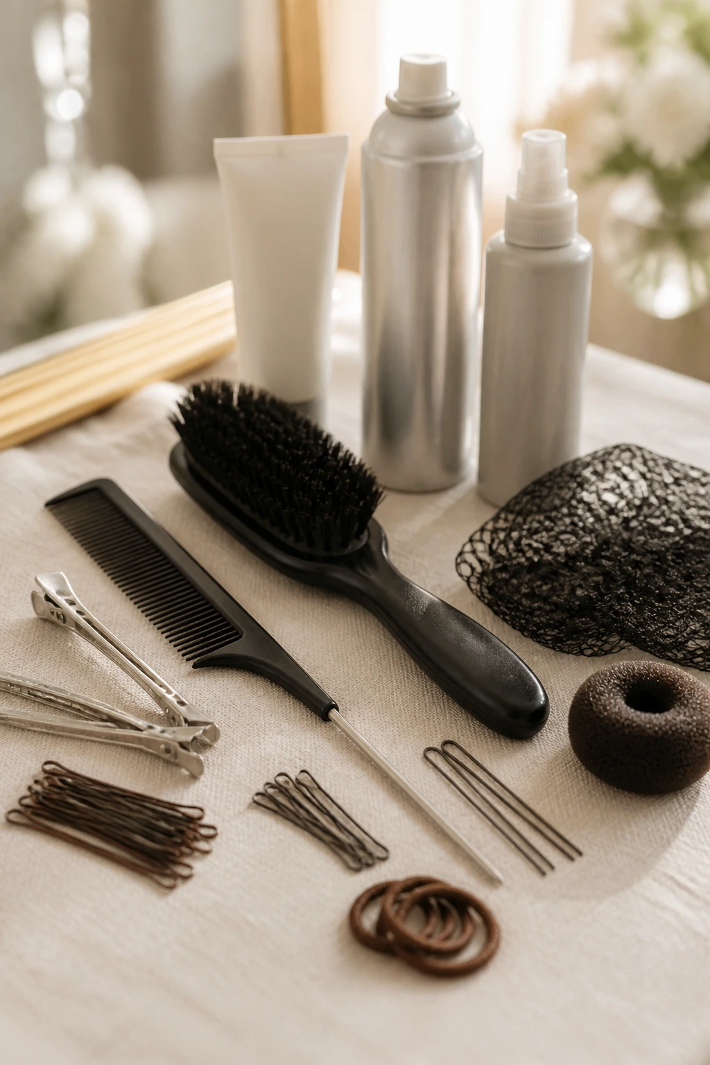 Close-up of essential hair tools for low buns laid out neatly