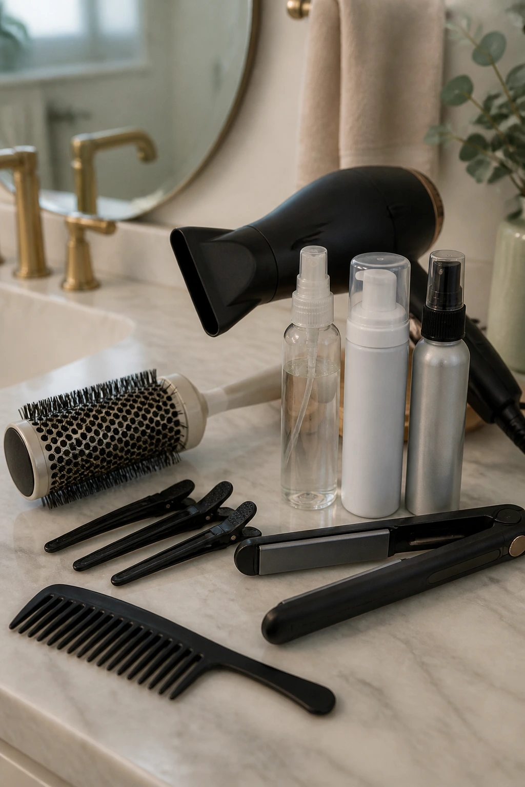 Close-up still life of butterfly-cutting tools on a vanity counter.
