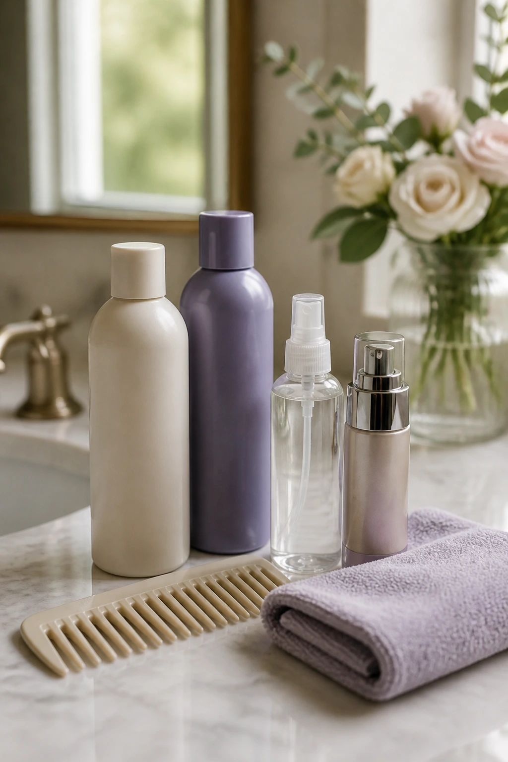 Unlabeled hair tools arranged on a vanity for champagne blonde upkeep