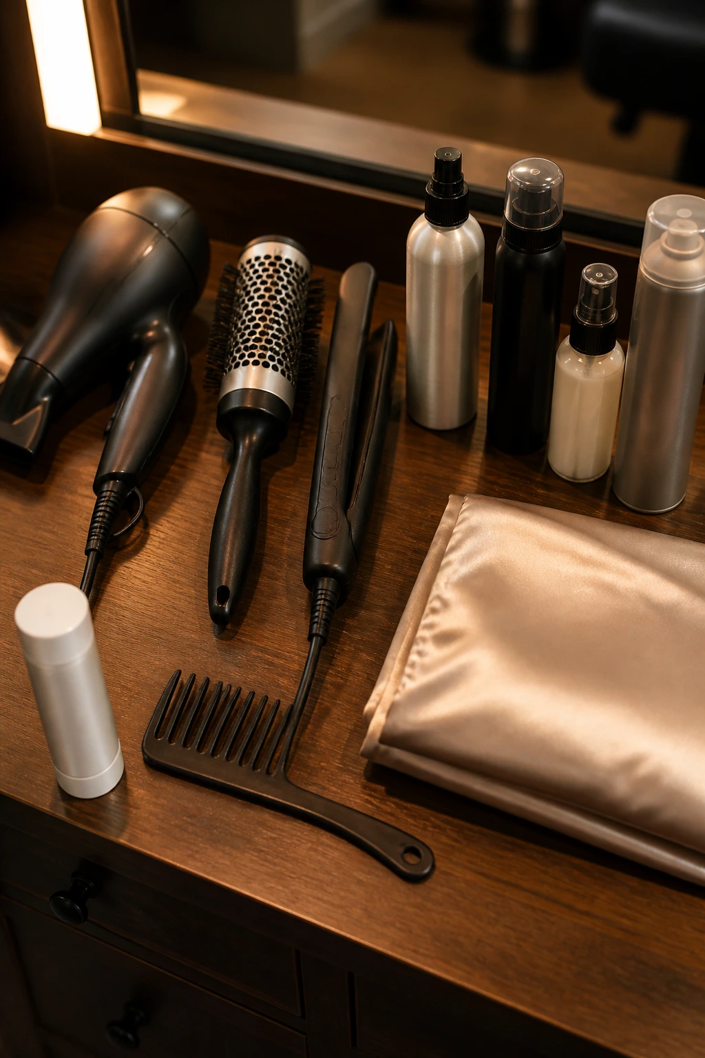Close-up of professional hair styling tools for choppy bob on a salon counter