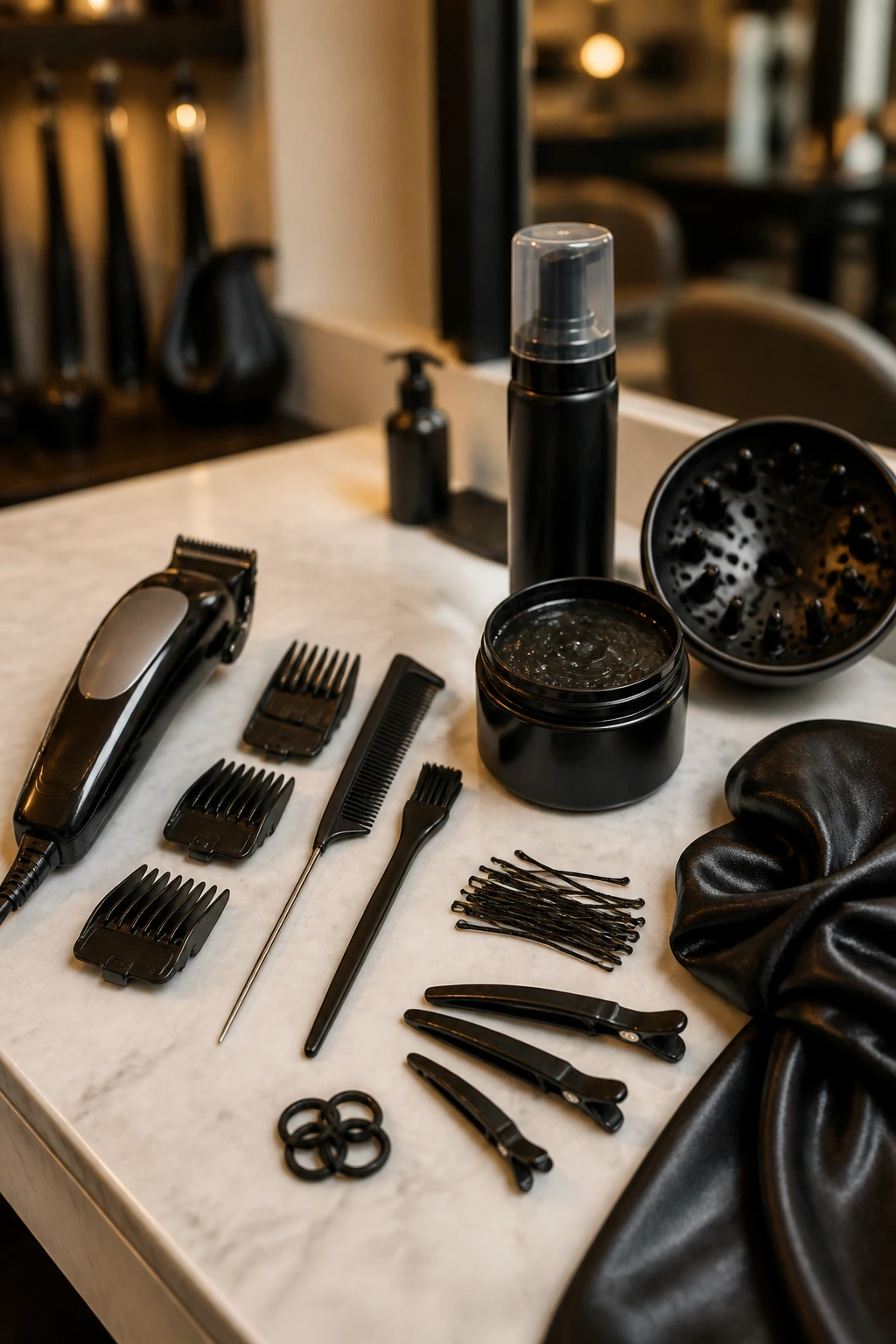 Top-down view of essential hair tools arranged on a salon counter