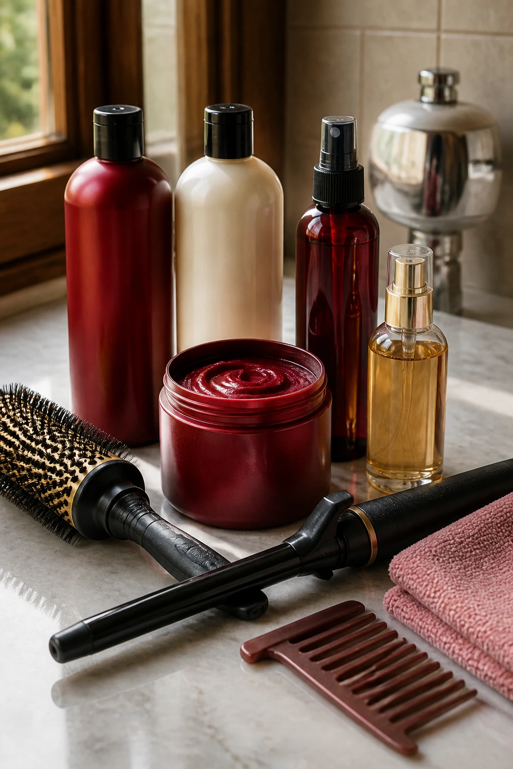 Close-up of essential hair styling and color-care tools on a bathroom counter