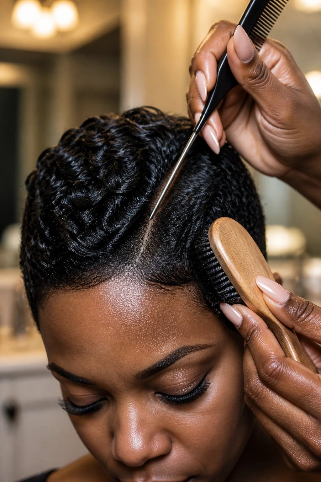 Hands styling short hair with comb and brush