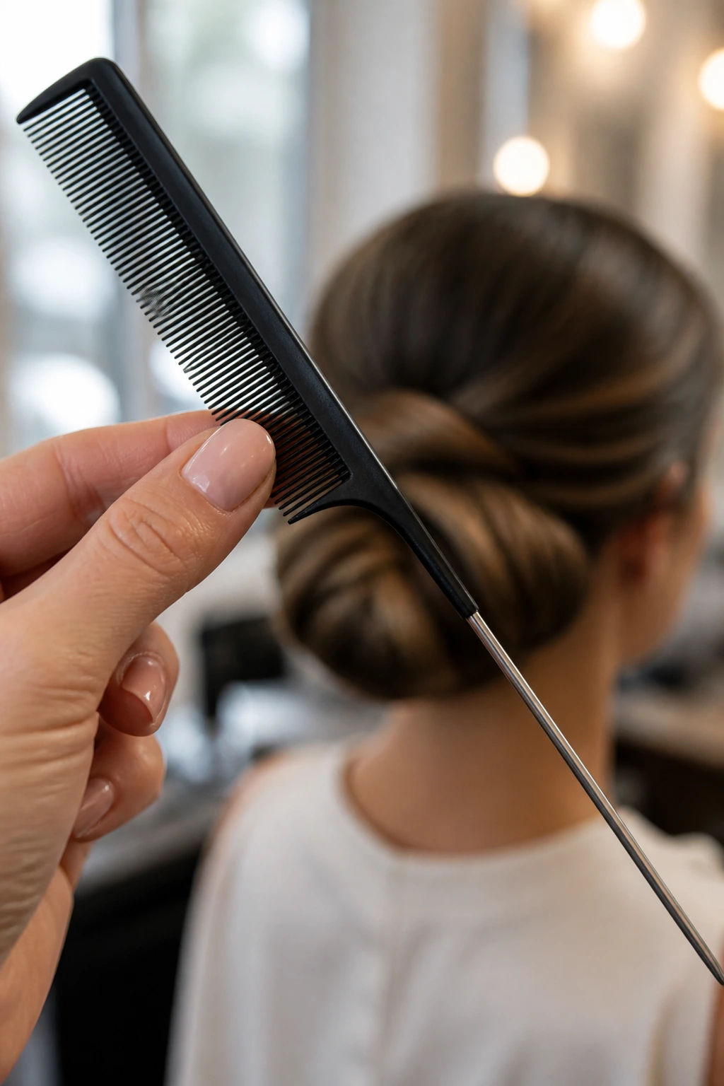 Close-up of a fine-tooth tail comb with hair texture in the background