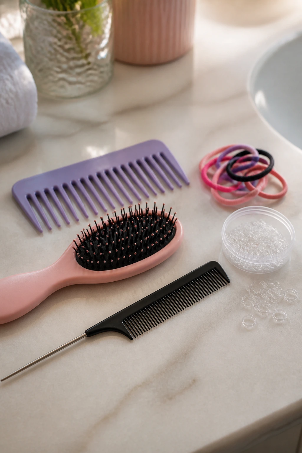 Close-up of essential hair tools on a bathroom counter