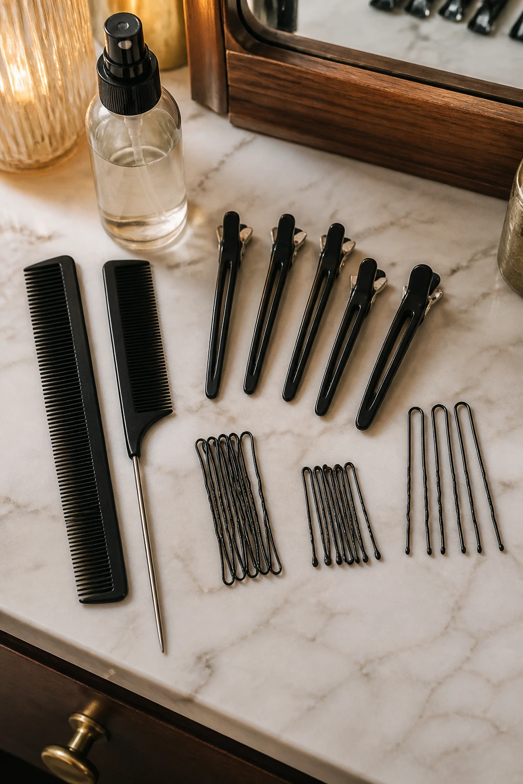Close-up of hair tools including combs and pins arranged on a vanity
