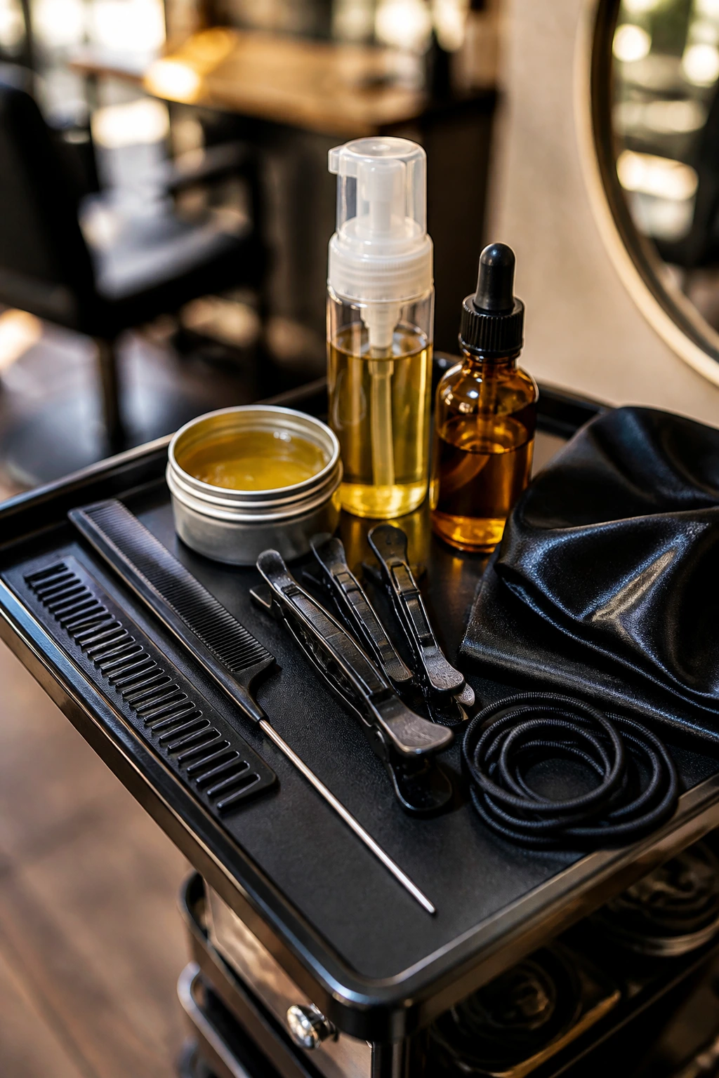 Close-up of hair installation tools arranged on a salon counter