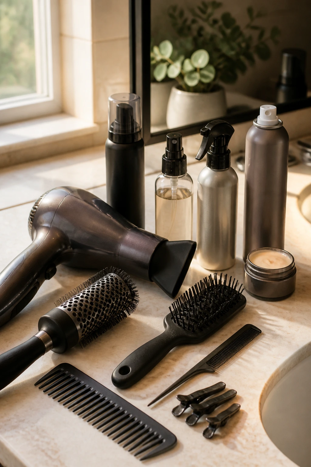 Close-up of assorted hair styling tools and products arranged on a bathroom counter, forming a ready-to-use setup