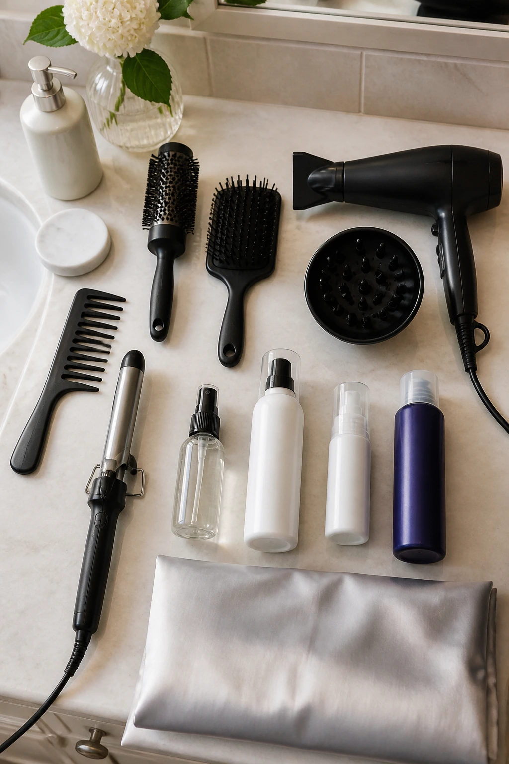Top-down view of essential hair tools arranged on a counter
